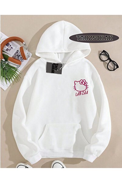 Tarzsokak Kapşonlu Sweatshirt Beyaz LABZA HELLO KİTTY Özel Tasarım