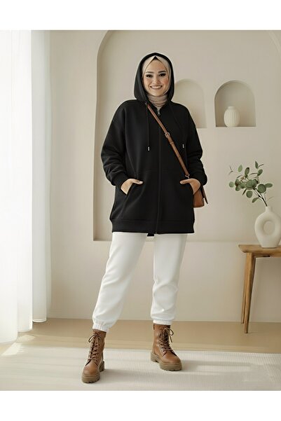 Modamorfo Kapşonlu Cepli Fermuarlı Penye Polar -Siyah