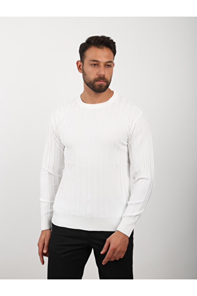 VALERO Men's Standard Fit Regular Cut Ribbed Detailed Crew Neck White Knitwear Sweater