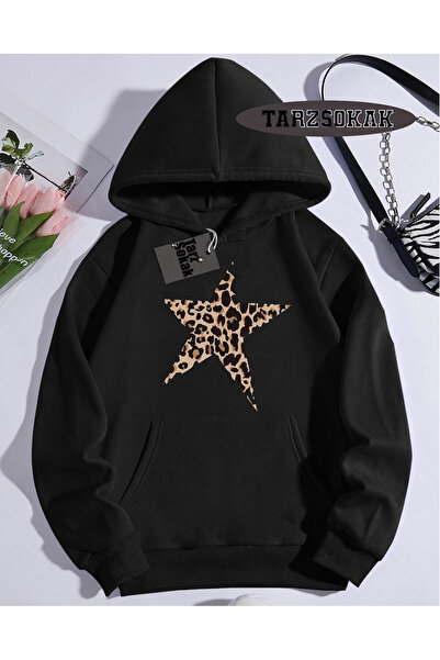 Tarzsokak Суитшърт с качулка, черен леопард, специален дизайн със звезди