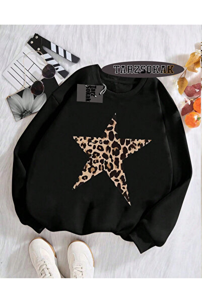 Tarzsokak Велосипедна блуза с качулка, черна, с леопардов принт и звезди, спе...