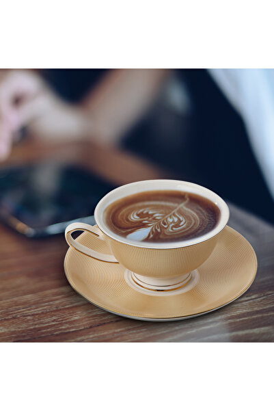 sharpdo Ceramic Coffee Cup and Saucer Set, 220ml, Classic Design, Gold Color, Made of Porcelain for Espresso