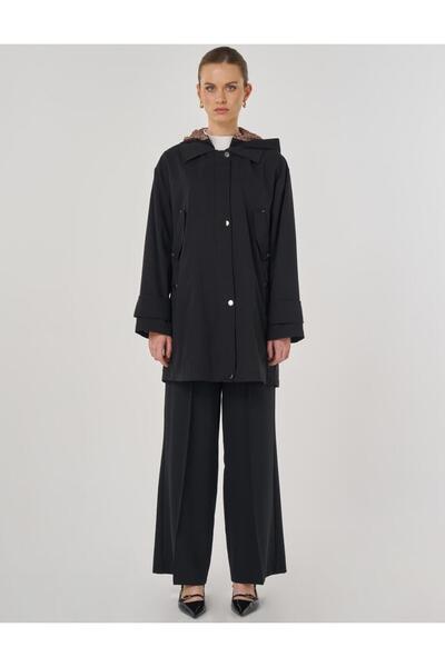 KYR Kapüşonlu Kısa Trençkot Siyah