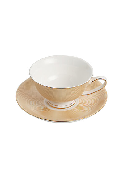 sharpdo Ceramic Coffee Cup and Saucer Set, 220ml, Classic Design, Gold Color, Made of Porcelain for Espresso