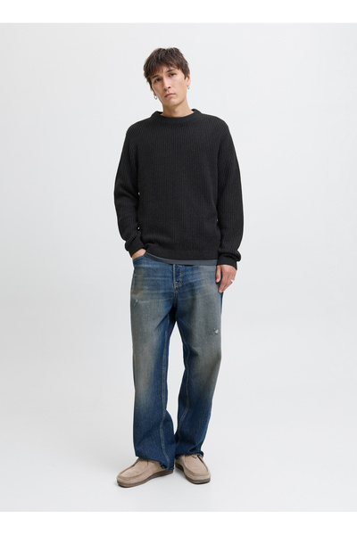 Jack & Jones Bisiklet Yaka Normal Siyah Erkek Kazak 12278816_JJEDOVER KNIT CR...