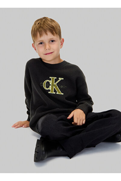 Calvin Klein Bisiklet Yaka Regular Fit Nakışlı Siyah Erkek Çocuk Kazak IB0IB02598BEH