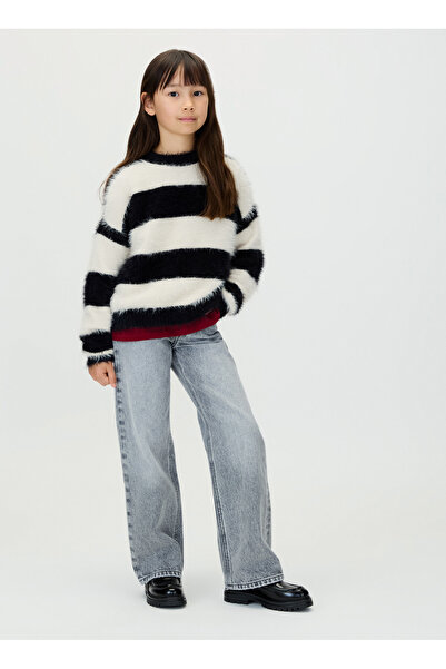 Calvin Klein Bisiklet Yaka Regular Fit Çizgili Ekru Kız Çocuk Kazak IG0IG03025PGB