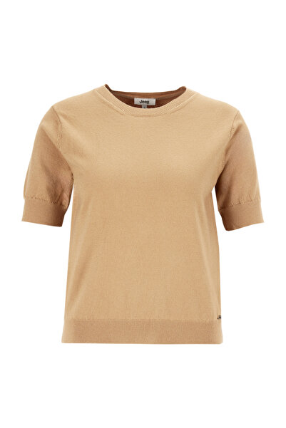 Jeep Bisiklet Yaka Basic Düz Örgü Desenli Camel Kazak Kadın J5WL-KZK7130