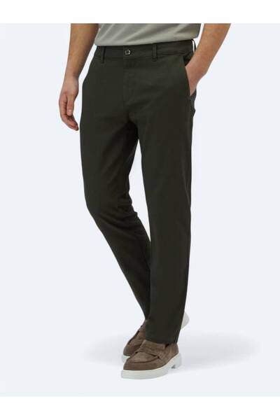 Kip Haki Düz Dokuma Regular Fit Casual Pamuk Karışımlı Pantolon