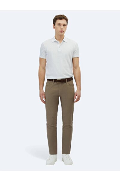 Kip Hazelnut Plain Weave Slim Fit Casual Cotton Blend Trousers