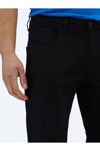 Kip Siyah Düz Dokuma Slim Fit Casual Pamuk Karışımlı Pantolon