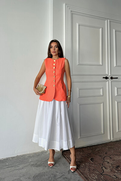 Butik Jacquard Linen Vest with Gold Buttons at the Waist - Orange