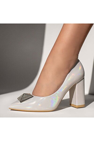 Modlet.ro Women's silver iridescent thick-heel shoes with metallic details MO...