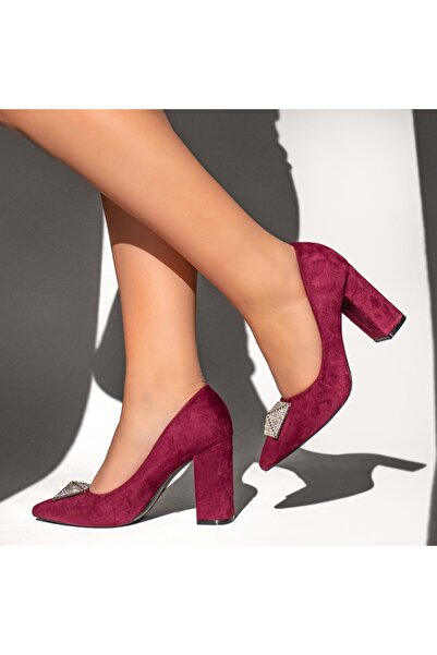 BMoD Pantofi de damă din piele întoarsă violet cu toc gros și accesoriu decor...