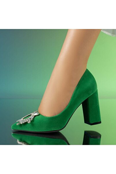 Modlet.ro Pantofi cu toc bloc din piele întoarsă verde, cu detalii metalice, ...