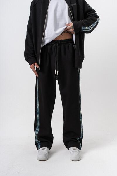 Respire Ανδρικό χειμερινό παντελόνι με σκούρες ρίγες με λεπτομέρεια διπλής όψης, φαρδύ, μαύρο