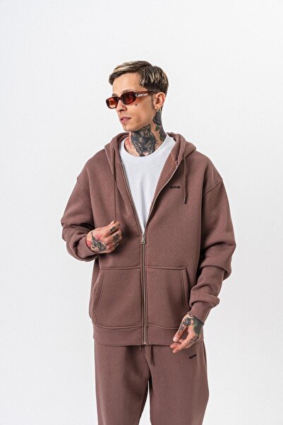 Respire Ανδρικό φούτερ με κουκούλα με λεπτομέρεια κειμένου, βασικό φούτερ με φερμουάρ, oversize, κακάο