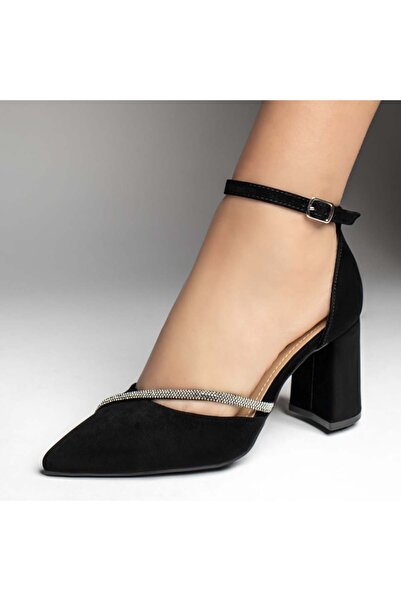 BMoD Pantofi de damă negri din piele întoarsă cu toc gros și baretă MOD13539