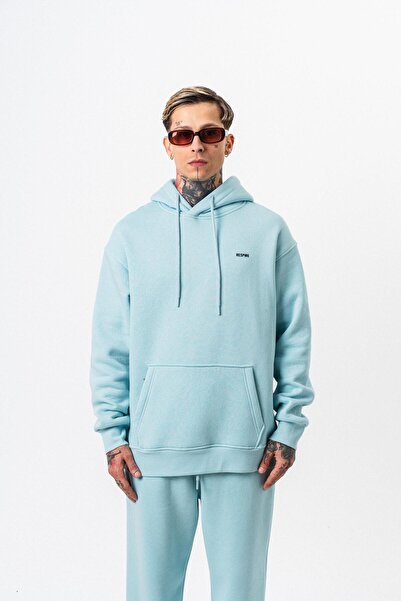 Respire Ανδρικό μπλουζάκι με κουκούλα με λεπτομέρεια κειμένου Basic Oversize Hoodie Baby Blue