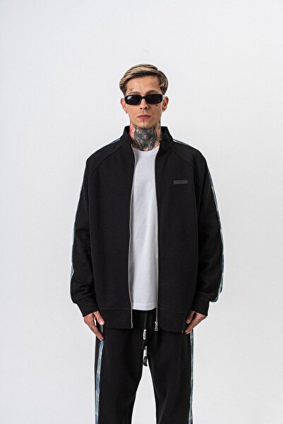 Respire Чоловічий темний смугастий светр з коміром-стійкою, подвійною блискавкою та великим розміром, чорний