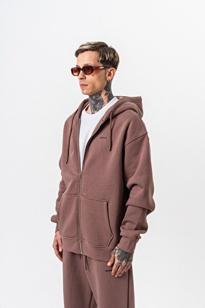 Respire Ανδρικό φούτερ με κουκούλα με λεπτομέρεια κειμένου, βασικό φούτερ με φερμουάρ, oversize, κακάο