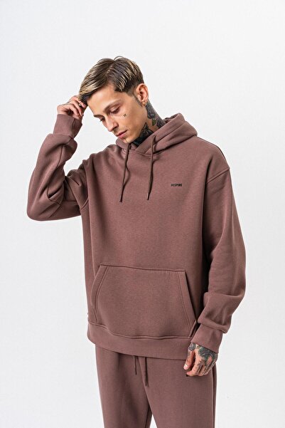 Respire Ανδρικό μπλουζάκι με κουκούλα με λεπτομέρεια κειμένου Basic Oversize Hoodie Kakao