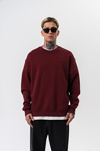 Respire Men's Basic Oversize Sweatshirt with Text Detail, Burgundy