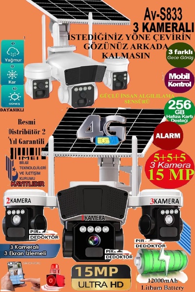 TRCharger Av-s833H Solar Güneş Enerjili Panelli 3 Kameralı 15mp 3 Lens 4g Sim...