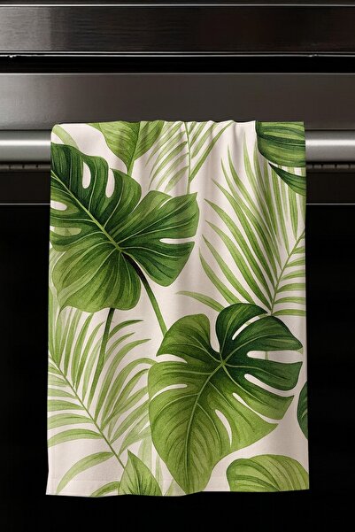 Else Dekor Green Tropical Leaves Patterned Decorative Washable Cotton Kitchen Oven Hand Towel