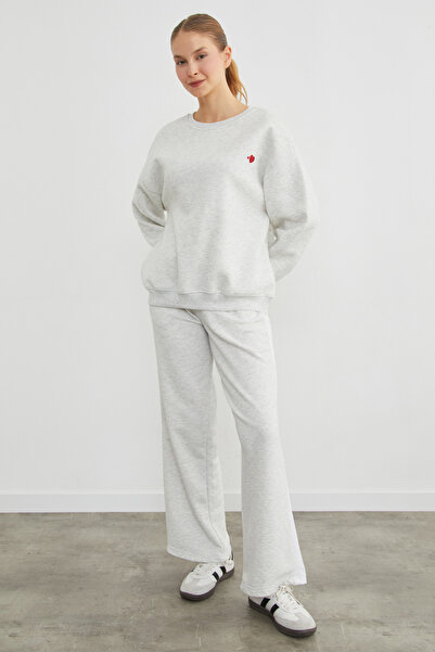 Fulla Moda 3 İplik Kalp Baskılı Bisiklet Yaka Sweatshirt