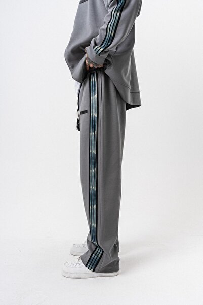 Respire Men's Dark Striped Stripe Detailed Winter Doubleface Baggy Sweatpants Smoked