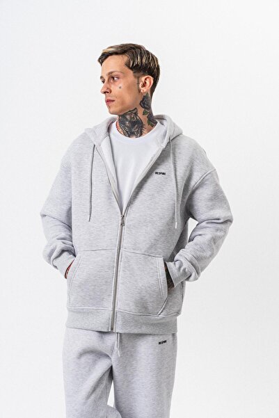 Respire Ανδρικό φούτερ με κουκούλα με λεπτομέρεια κειμένου, βασικό φούτερ με φερμουάρ, oversize, χιόνι μελανζέ