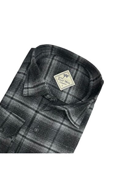 EREN STYLE Cămașă clasică din țesătură de flanel de iarnă, 100% bumbac, cu mâ...