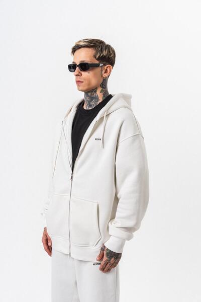 Respire Men's Text Detailed Hooded Basic Zip Oversize Hoodie Ecru