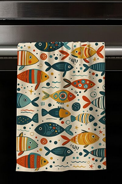 Else Dekor Colorful Fish Pattern Decorative Washable Cotton Kitchen Oven Hand Towel