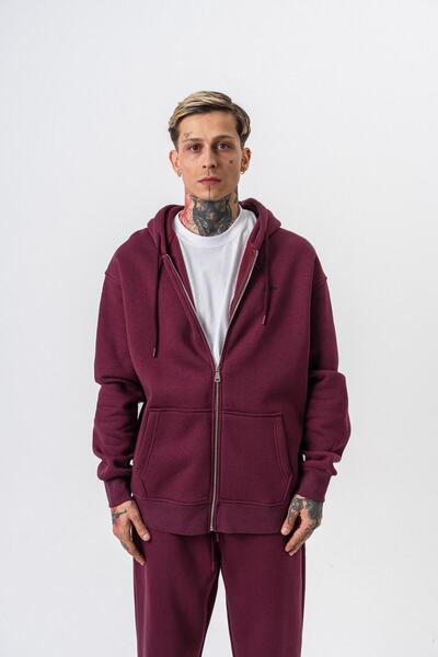 Respire Erkek Yazı Detaylı Kapüşonlu Basic Zip Oversize Hoodie Vişne