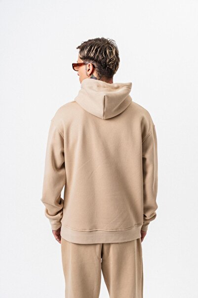 Respire Ανδρικό μπλουζάκι με κουκούλα με λεπτομέρεια κειμένου Basic Oversize Hoodie Beige