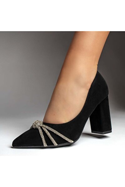 Modlet.ro Women's black suede block-heel shoes with metallic details MOD10990