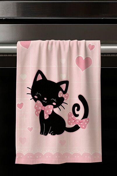 Else Dekor Pink Cat Patterned Decorative Washable Cotton Kitchen Oven Hand Towel