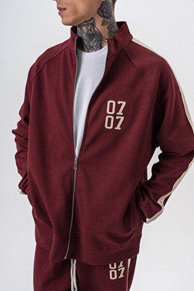 Respire Men's 7 Stripe Detailed Stand Collar Doubleface Zip Oversize Sweatshirt Claret Red