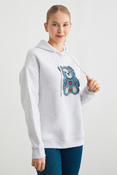 Fulla Moda 3 Thread Denim Teddy Bear Embroidered Oversize Hooded Sweatshirt