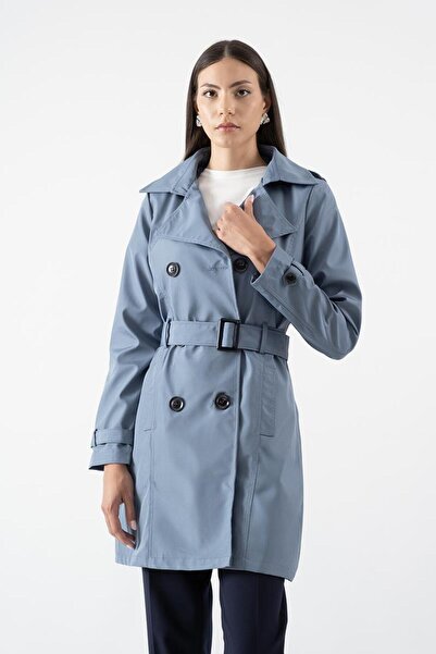 Spazio Pallaske Kruvaze Yaka Kuşaklı Cepli Trençkot İNDİGO