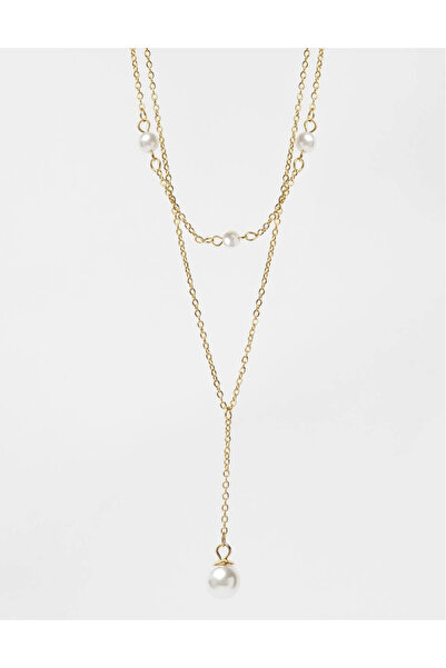 Hypeoo Gold Minimal Çift Zincir İnci Sallantılı 45cm Çelik Kolye