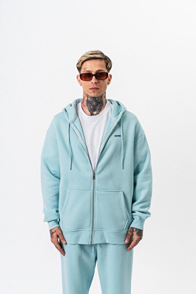 Respire Erkek Yazı Detaylı Kapüşonlu Basic Zip Oversize Hoodie Bebe Mavi