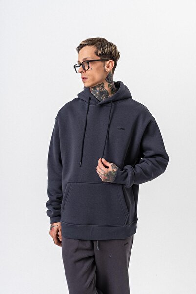 Respire Ανδρικό μπλουζάκι με κουκούλα με λεπτομέρεια κειμένου Basic Oversize Hoodie Smoked