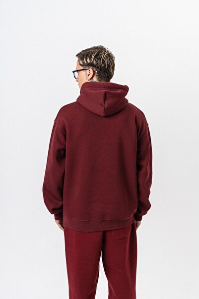 Respire Men's Text Detailed Hooded Basic Oversize Hoodie Burgundy