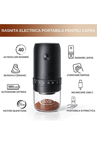 zioda smart essentials Râșniță de cafea electrică portabilă, Zioda Smart Essentials®, bavură ceramică, dimensiune reglabilă a măcinăturii cu