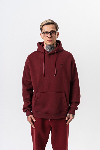 Respire Men's Text Detailed Hooded Basic Oversize Hoodie Burgundy