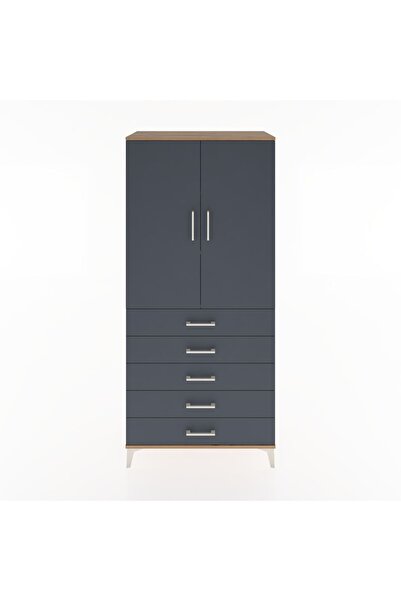 Dienni Hyperion Dolap 3 Raflı 5 Çekmeceli 2 Kapaklı 88x44x195 Çam-Antrasit