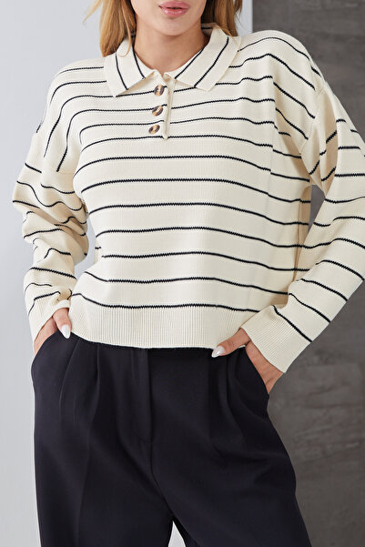 DPARİS Striped Polo Neck Buttoned Knitwear Sweater